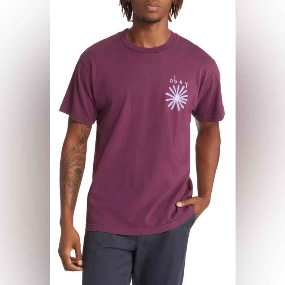 New🌟 Obey Mens Obey Flower Icon T-Shirt- Beetroot